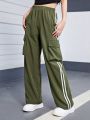 Teen Girls' Casual Basic Patchwork Weaved Straps Cargo Pants