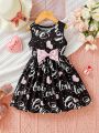 Young Girls' Heart & Letter Print Sleeveless Dress With Bow Decoration