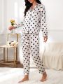 Heart Print Contrast Piping Satin PJ Set