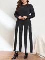 SHEIN Privé Plus Size Women's Color Collision Splice Long Sleeve Dress