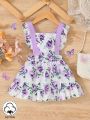 Baby Girl Spring & Summer Purple Floral Printing & Ruffled Edge Casual Suspender Dress