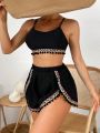 SHEIN Swim BohoFeel Women'S Geometric Jacquard Strap Splice Fringe Hem Bikini Set