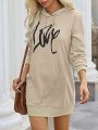 SHEIN LUNE Women's Letter Print Drawstring Hoodie Dress