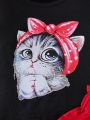 Infant'S Kitty Cat Printed Short Sleeve T-Shirt And Love Heart Printed Shorts Set