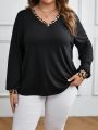 EMERY ROSE Plus Size Women's Leopard Print Hem Lantern Sleeve T-shirt