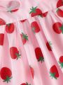 Baby Girl Pink Strawberry Embellished Tulle Dress With Fluffy Skirt