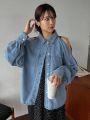 DAZY Cold Shoulder Button Front Cold Shoulder Denim Blouse