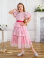 SHEIN Kids CHARMNG Tween Girls' Mesh Edging Round Neck Puff Sleeve Jacquard Blouse Matched With Mesh Tiered Hem Skirt Two Pieces Set