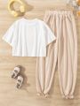 Teen Girls' Sunflower & Letter Print Short Sleeve T-Shirt And Jogger Pants Casual 2pcs Outfits