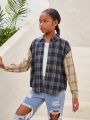 SHEIN Big Girls' Woven Plaid Casual Long Sleeve Button-Down Shirt