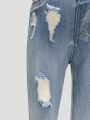 Little Girl's Light Washed Blue Stretch Ripped Denim Trousers