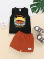 SHEIN Baby Boy Summer Coconut Tree & Car Letter Patterned Vest Top And Elastic Waist Shorts Set For Vacation