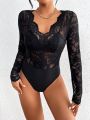 SHEIN Privé Ladies' Elegant Black Lace Bodysuit