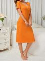 Women's Solid Color Sleep Dress With Round Neckline And Button Design, All-match Style