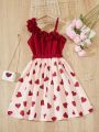 Teen Girls' Love Heart Print Irregular Collarless Belted Sleeveless Dress