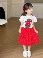 Girls' Cute Printed Short Sleeve T-Shirt And Polka Dot Skirt Set For Toddler Girls