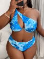 SHEIN Slayr Summer Beach Plus Marble Print One Shoulder Underwire Bikini Set