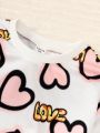 Young Girl Heart Print Sweatshirt & Leggings & Vest Coat