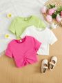 SHEIN Kids SUNSHNE Tween Girls' Solid Color Round Neck Ruched Casual Slim Fit T-Shirt