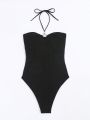 SHEIN Swim Chicsea One Piece Swimsuit With Pearl Decoration & Hollow Out Design Detail, Halter Neckline