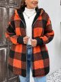 SHEIN LUNE Plus Size Plaid Double-sided Hooded Fleece Jacket