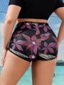 SHEIN Swim SPRTY Plus Size Women'S Leaf Print Swim Shorts With Diagonal Pocket