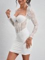 SHEIN Tall Lace Spliced Long Sleeve Sweetheart Neck Bodycon Dress With Package Hip Design