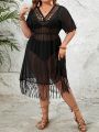 SHEIN Swim BohoFeel Plus Size Women'S Patchwork Fringed Hem Mesh Maxi Dress With Sheer Cover Up