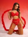 SHEIN 3pcs/set Lace Bra, Thong And Garter Belt