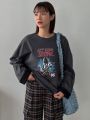 FRIFUL Loose Fit Text Print Round Neck Long Sleeve Casual T-shirt