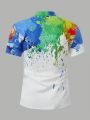 SHEIN Teenage Boys' Casual Loose Fit Ink Splatter Colorful Pattern Short Sleeve Shirt