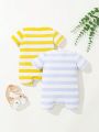 SHEIN Newborn Baby Boys' Striped Round Neck Short Sleeve Romper Bodysuit 2pcs/Set
