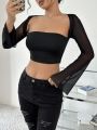 SHEIN ICON Mesh Paneled Long-sleeved Bodysuit