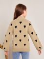 SHEIN Tween Girl Heart Pattern Mock Neck Drop Shoulder Sweater