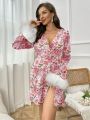 Valentines Flower Print Fleece Cuff With Belt Home Dressing Gown