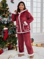 Plus Christmas Contrast Trim Hooded Flannel PJ Set