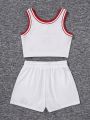 SHEIN Teen Girls' Knitted Letter Print Vest And Shorts Set