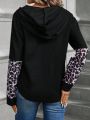 SHEIN LUNE Leopard Patchwork Long-sleeved Hooded Sweatshirt