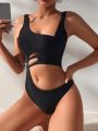 SHEIN Swim Y2GLAM Women'S Pure Color Hollow Out One-Piece Swimsuit