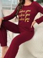 Letter Graphic Tee & Bow Front Pants PJ Set