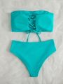 SHEIN Swim Vcay Solid Bikini Set Lace Up Back Reversible Tube Bra & High Waisted Bottom 2 Piece Bathing Suit