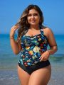 SHEIN Swim Classy Plus Size Tropical Print Knot Back Halter Top And Triangle Panty Bikini Set