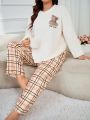 Bear Style Plush Sweater And Plaid Pants Set