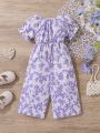 SHEIN Baby Girls' Casual Butterfly & Floral Print Romper With Bow Decor