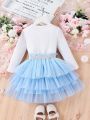 SHEIN Kids CHARMNG Young Girl Cute And Romantic Mesh Skirt And Round Neck Long Sleeve Tee 2-Piece Suit For Spring/Autumn
