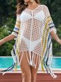 SHEIN Swim BohoFeel Women'S Contrast Hollow Batwing Sleeve Fringed Hem Cover Up