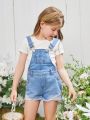 Young Girls' Basic Casual College Style Light Blue Washed Distressed Denim Overall Shorts