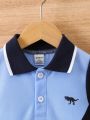 Baby Boy's Vintage Sporty Polo Shirt With Number And Dinosaur Embroidery And Color Block Design On Short Sleeves