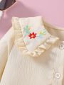 SHEIN Kids Nujoom Girls' Ruffle Trim Collar Flower Embroidered Long Sleeve Shirt, Suitable For Holiday Autumn/winter Season