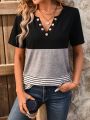 Button Decorated Notched Collar Striped Color-Block T-Shirt